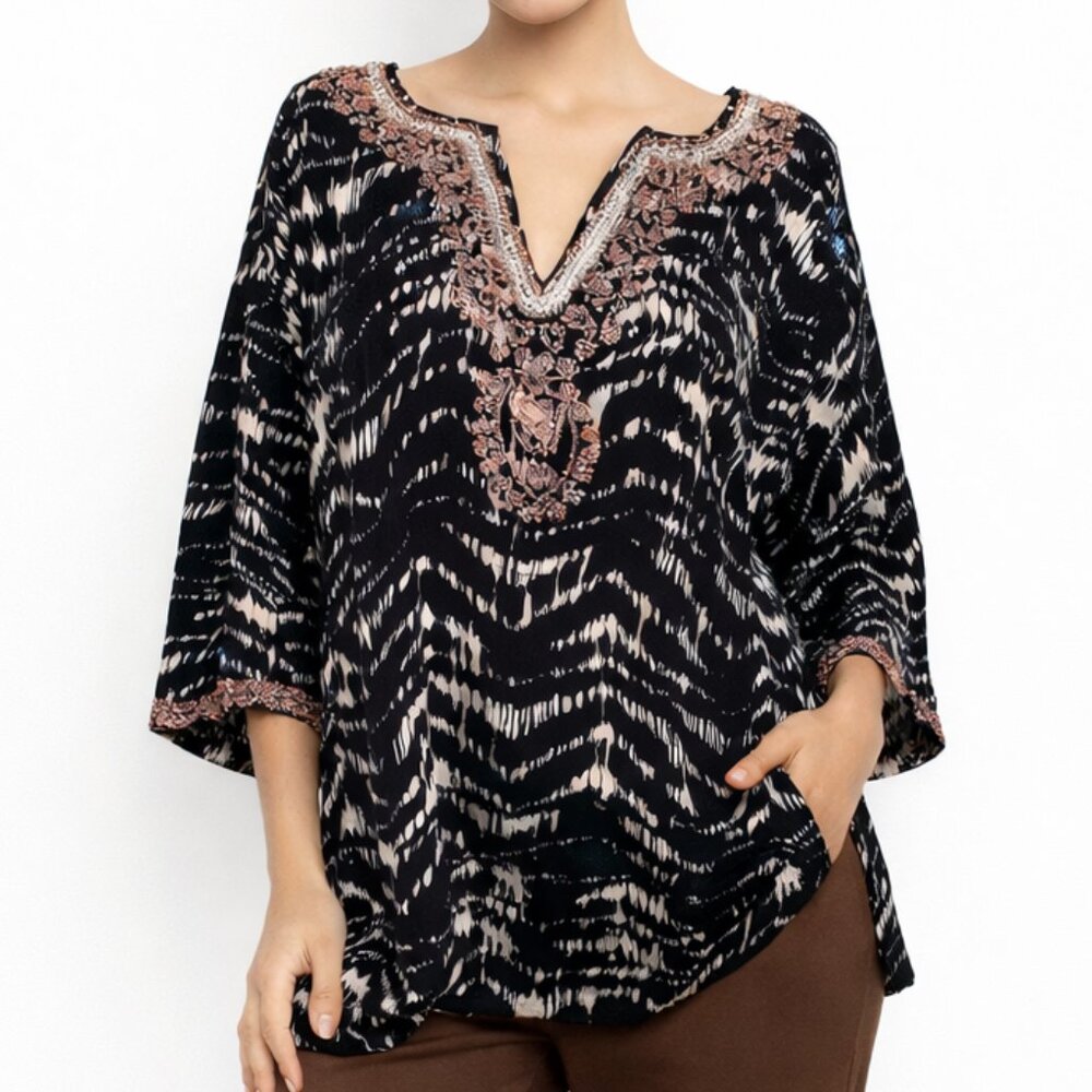 Soft Surroundings Tunic Women 2X Sequin Beaded Ikat Top Boho Festival Resortwear